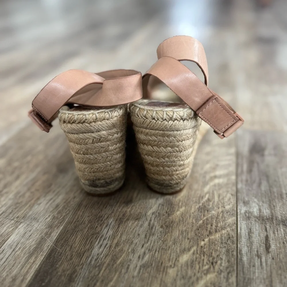 Tory Burch Nude Leather Espadrille Wedge Sandals